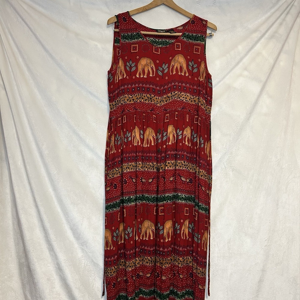 BILA Rayon Red Orange Floral Safari Elephant African Pocket Maxi Tank Dress L - Picture 2 of 9